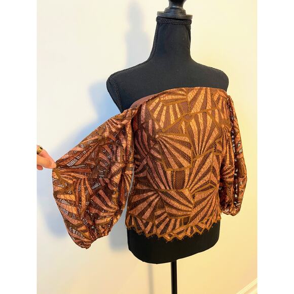 Antropologie Eva Franco Bronze Shine Lace Top Small Off Shoulder Puff Sleeve - Picture 3 of 3